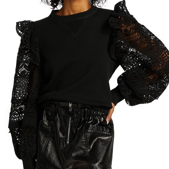 Sea Tops - SEA Patrizia Lace Combo Sweatshirt Top Black Cropped Puff Sleeve